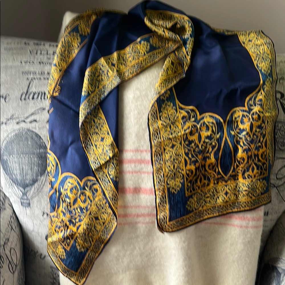 Anne Klein Navy and Gold Patterned Women's Silk Scarf